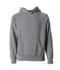 A grey hoodie with a front pouch pocket and a drawstring hood. It features raglan sleeves and a minimalistic design.