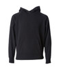 A black hooded sweatshirt with a front pocket and raglan sleeves, featuring a simple design with no visible branding.