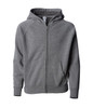 A grey zip-up hoodie with a hood, featuring a front zip and two side pockets. It has a branding logo.