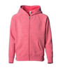 A pink zip hooded sweatshirt featuring a front zip closure and pockets, with a hood and a branding logo.