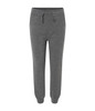 A pair of grey toddler sweatpants featuring an elastic waistband and cuffed ankles, with a logo on the waistband.