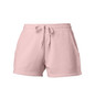 A pair of women's sweatshorts in a soft pink colour, featuring an elastic waistband and pockets.