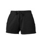 A pair of black sweatshorts with a drawstring waist and two side pockets. Features a logo on the waistband.