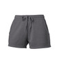 A pair of grey women's sweatshorts featuring an elastic waistband and pockets. It has a logo on the fabric.