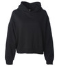 A black cropped hoodie with a hood and long sleeves. It has a relaxed fit and features branding.