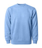 A unisex crew sweatshirt in a light blue colour, featuring long sleeves and a classic round neckline. It has a logo on it.