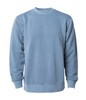 A unisex crew sweatshirt in a soft blue pigment dye, featuring long sleeves and a round neckline.