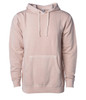 A unisex pullover hoodie in a soft pink hue with a front pocket and drawstring hood. It features a logo.