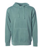 A unisex pigment dye pullover in a muted green colour with a front pocket and a hood. It features a logo.