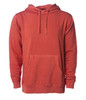 A unisex pigment dye pullover hoodie in a vibrant red colour, featuring a front pocket and a drawstring hood.