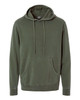 A unisex pigment dye pullover in olive green with a hood and front pocket, featuring a logo.