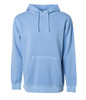A unisex pullover hoodie in light blue with a front pocket and a hood. It features a logo.