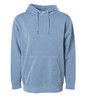 A unisex pullover hoodie in a soft blue pigment dye, featuring a front pocket and a hood. It has a logo.