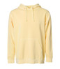 A unisex pullover hoodie in a soft yellow hue, featuring a front pocket and a hood. It has a logo on it.