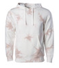 A unisex pullover hood in a tie-dye pattern featuring white and blush pink colours, with a front pocket and a logo.