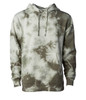 A unisex tie-dye pullover hood in cream and olive green, featuring a front pocket and a hood with drawstrings.