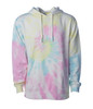 A unisex pullover hood in pastel tie-dye colours, featuring pink, blue, and yellow swirls, with a front pocket and hood.