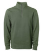 A unisex quarter zip pullover in olive green, featuring a high collar and a zip closure. It has a simple design with a logo.