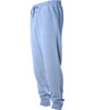 Light blue men's sweatpants with an elastic waistband and cuffs, featuring a side pocket and a logo.