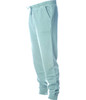 A pair of light blue pigment dye sweatpants featuring a drawstring and side pockets.
