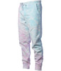 A pair of men's tie dye sweatpants in pastel blue and pink shades, featuring a drawstring waist and cuffed ankles.