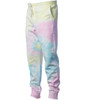 A pair of men's tie-dye sweatpants featuring pastel yellow, pink, and blue colours with an elastic waistband and pockets.