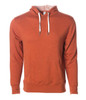 A unisex heather pullover in a vibrant rust colour with a front pocket and a hood. It features a logo.