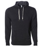 A unisex heather pullover in dark grey with a hood and drawstrings. The garment features a logo.