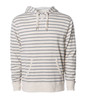 A unisex pullover in cream and grey stripes, featuring a hood and front pouch pocket. It has branding on the label.