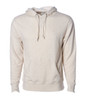A unisex pullover hoodie in a light beige heathered fabric, featuring a front pocket and drawstring hood.