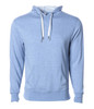 A unisex heather pullover in light blue, featuring a hood, drawstrings, and a front pocket.