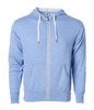 A light blue unisex fitted zip hoodie with a front zipper and drawstring hood, featuring pockets and a logo.