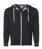 A unisex fitted zip hoodie in black, featuring a grey interior hood and drawstrings, with a front pocket and branding.