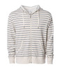 A unisex fitted zip hoodie in cream with grey stripes, featuring a front zip closure and pockets.