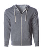A grey unisex fitted zip hoodie with a hood, featuring a front zip and drawstrings. It has pockets and a logo.