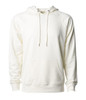 A unisex lightweight loopback terry hood in cream with a front pocket and a hood. It features a brand logo.