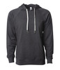 A dark grey unisex lightweight loopback terry hooded sweatshirt with a front pocket and drawstring.