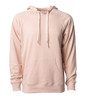 A unisex lightweight loopback terry hood in soft pink, featuring a front pocket and a drawstring hood.
