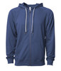 A navy blue unisex lightweight loopback terry zip hoodie with a front zip and drawstring hood. It features a logo.