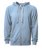 A light blue unisex zip-up hoodie made from lightweight loopback terry fabric, featuring a hood and front pockets.