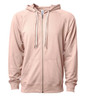 A unisex lightweight loopback terry zip hoodie in a soft pink colour with a front pocket and hood.