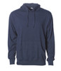 A men's jersey pullover hood in navy blue with a front pouch pocket and a drawstring hood. It features a logo.