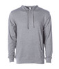 A grey men's jersey pullover hood with a front pouch pocket and drawstring hood. It has a branding logo on it.