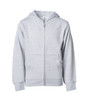 A grey zip-up hooded sweatshirt for boys with a front pocket and a hood. It features branding on the label.