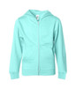 A mint green zip-up hoodie featuring a hood and a front zipper. The garment has a branded label inside.