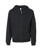 A black zip-up hoodie featuring a front pocket and a hood, with a logo on the label.