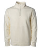 A midweight quarter zip sweater in cream, featuring long sleeves and a zippered collar. Includes a logo.