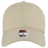 A beige 6 panel low profile style baseball cap featuring a logo on the front.