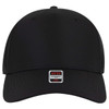 A black 5 panel mid profile style baseball cap with a logo on the front.