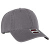A grey 6 panel low profile dad cap featuring an adjustable strap and a logo on the front.